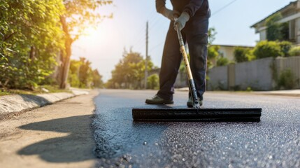 Professional sealcoating in progress on a residential driveway
